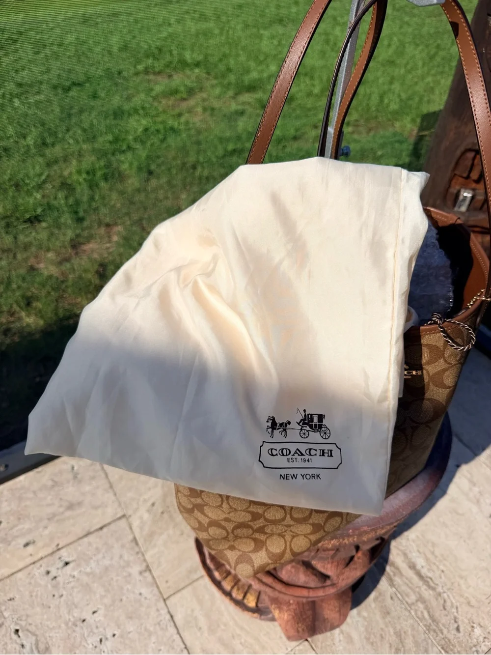 Coach City Tote Brown Signature Canvas Leather Shoulder Bag F58292 Dust Bag